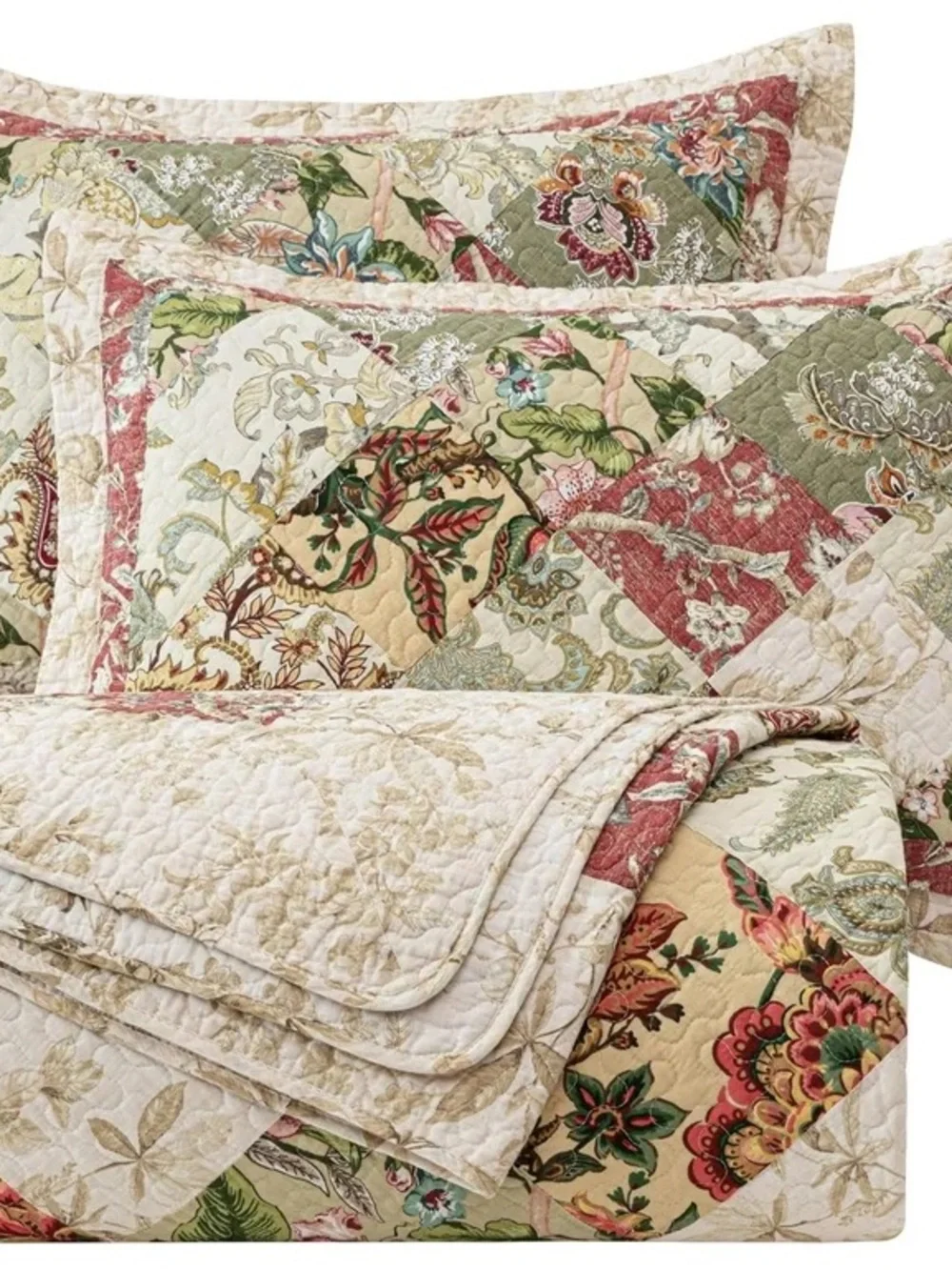 Floral Patchwork Cotton king 3 piece  Quilt Set in Multi-Colored Red & Cream